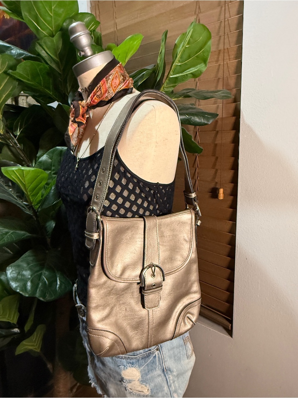Metallic BelleRose Taupe Leather Shoulder Bag
